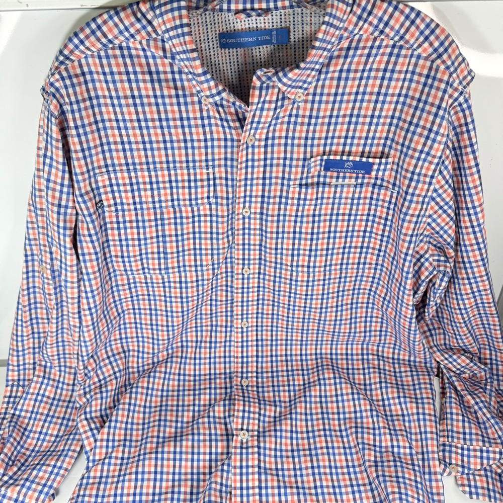Southern Tide Mens Long Sleeve Gingham Button Up Shirt L Blue Orange Vented